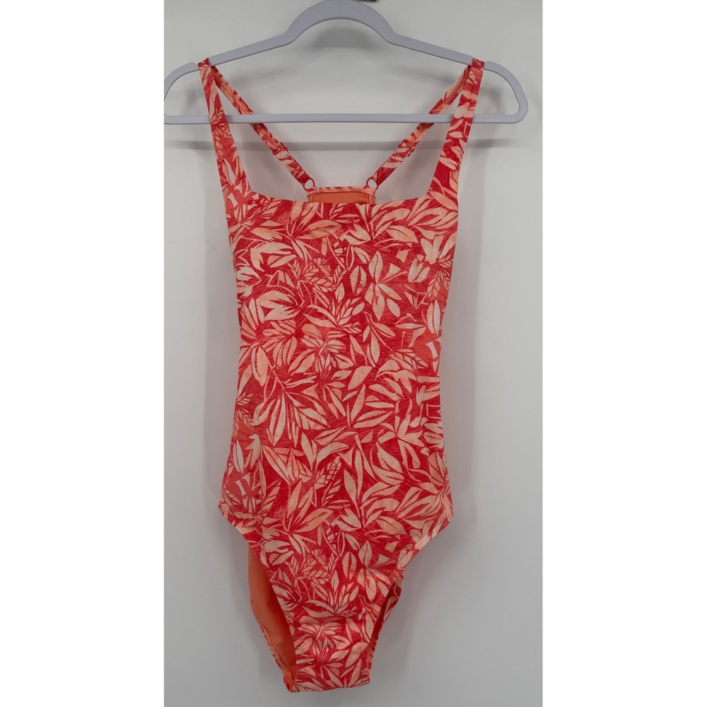 L.L.Bean Womens Coral Tropical Leaf Print One Piece Swimsuit UPF 50+ 10 Long
